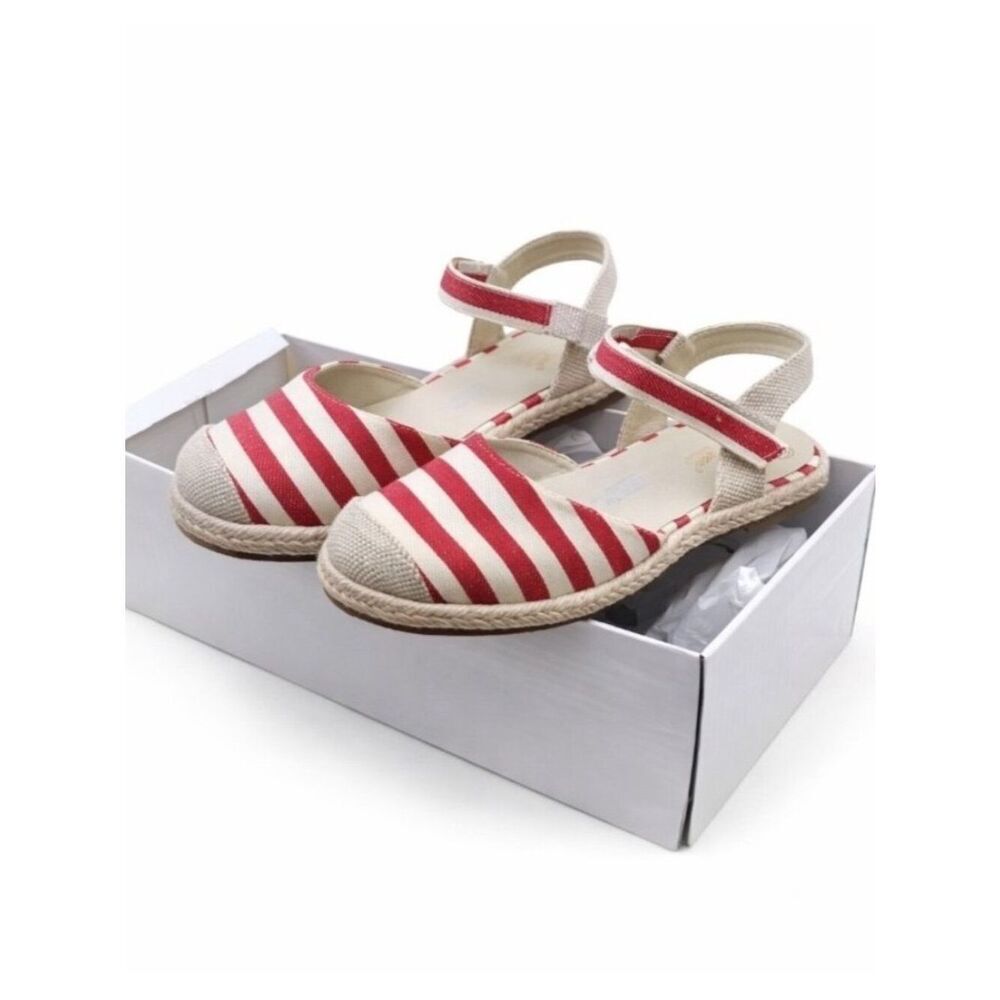 Red Stripe Espadrille Jute Sandals Womens 7 Ankle Strap Closed Toe Flats Nyla